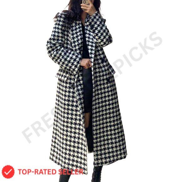 Houndstooth Trench Coat Oversized Double Breasted Quilted Lined Classic Elegant